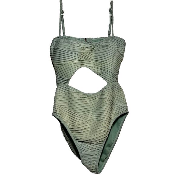 Bikini Lab One-Piece Swimsuit Front Cut Out Ruched Stripes Adjustable Green M - Picture 2 of 7